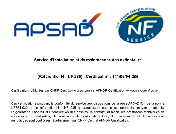 Attestation de certification APSAD et NF Service d'Expaba : installation et maintenance des extincteurs, référentiel I4, NF 285, certificat n° 441/06/04-285